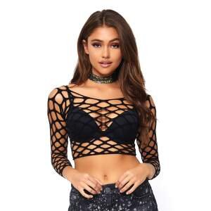 Leg Avenue - Crop Top Visnet - Lange Mouw - Zwart