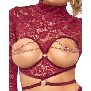 Abierta Fina - Lingerie Set - Lange Mouw - Open Kruis Slip - Kettingen - Kant - Rood