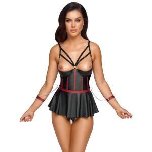 Cottelli Collection - Bondage Corset Jurkje - Halve Cup - Rokje - String - Wetlook - Zwart