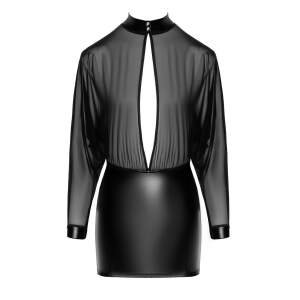 Noir Handmade - F348 Opium - Mini jurk - Lange Mouwen - Gaas - Wetlook - Zwart