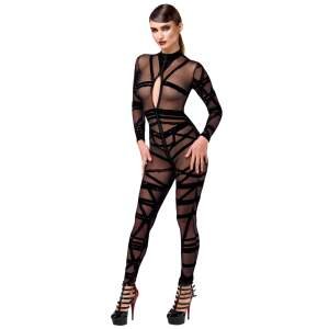 Noir Handmade - F357 - Bondesque - Catsuit - Gaas - Flockprint - Zwart