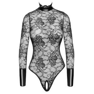 Noir Handmade - Kruisloze Stringbody van Kant en Wetlook - Zwart